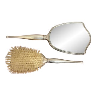Birks Sterling Silver Vanity Mirror & Hair Brush Set, Hand-Engraved, Canada For Sale