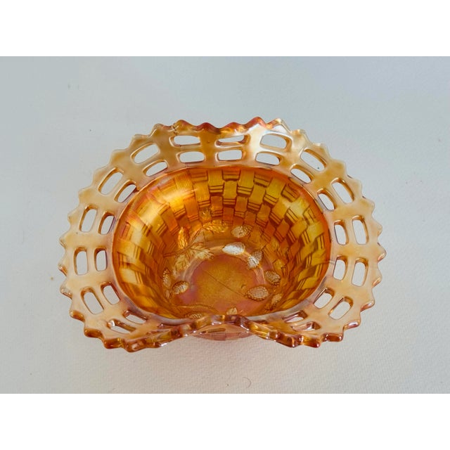Fenton Marigold Carnival Glass Blackberry Basketweave Bowl. Beautiful open weave design on the edge of the bowl. No marks.