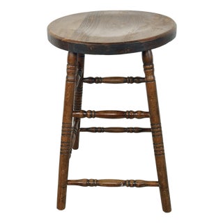 Antique Country Round Wooden Stool With Turned Legs and Stretchers For Sale