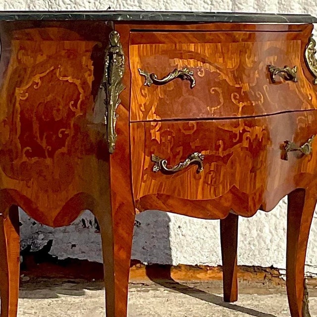Vintage Regency Marble Top Marquetry Bombe Chest For Sale - Image 11 of 12
