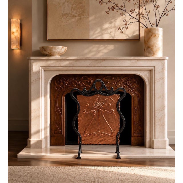 Antique Art Nouveau Hammered Copper and Wrought Iron Fireplace Screen, 1890s For Sale - Image 10 of 11
