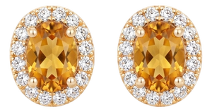 Citrine Oval Halo Earrings | November Birthstone Dainty Studs | Minimalist Everyday Earlobe Studs - A Pair