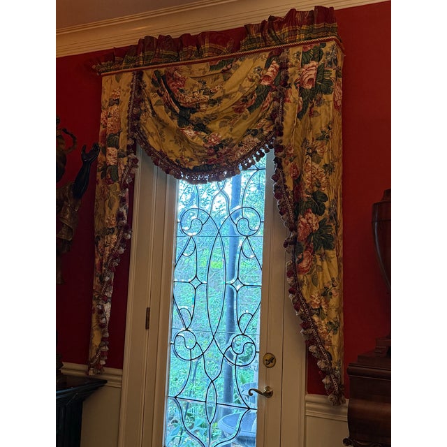 Beautiful custom made yellow moire pattern ground floral chintz empire swag valances with burgundy red plaid ruffle and...