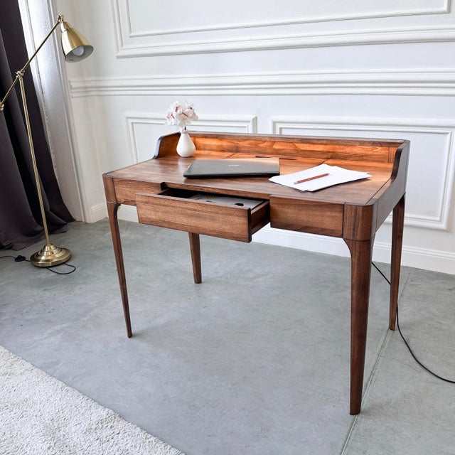 Handcrafted Mid-Century Modern Walnut Writing Desk With Led Lighting, Drawer, and Built-in Cable Management For Sale - Image 13 of 18