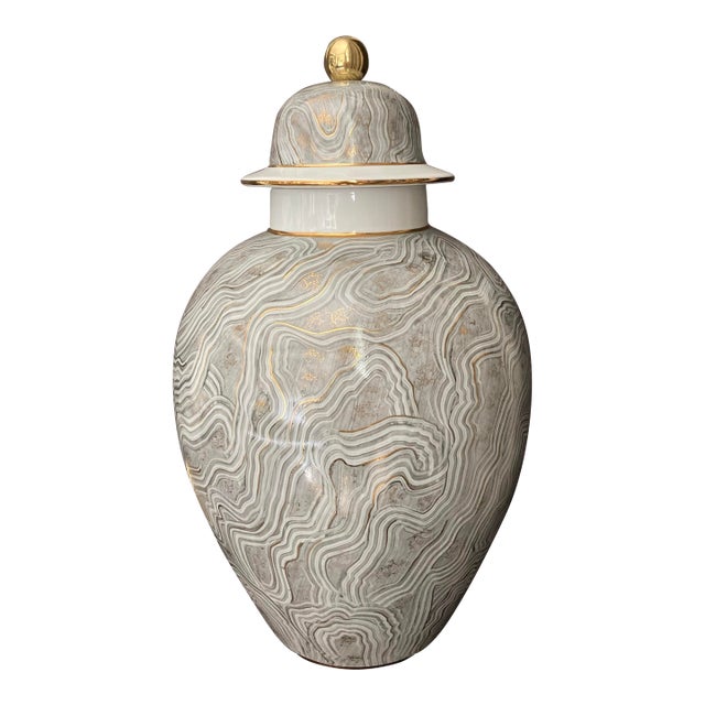 Chelsea House Marbled Gray Porcelain Lidded Urn With Gold Highlights, 2010s For Sale