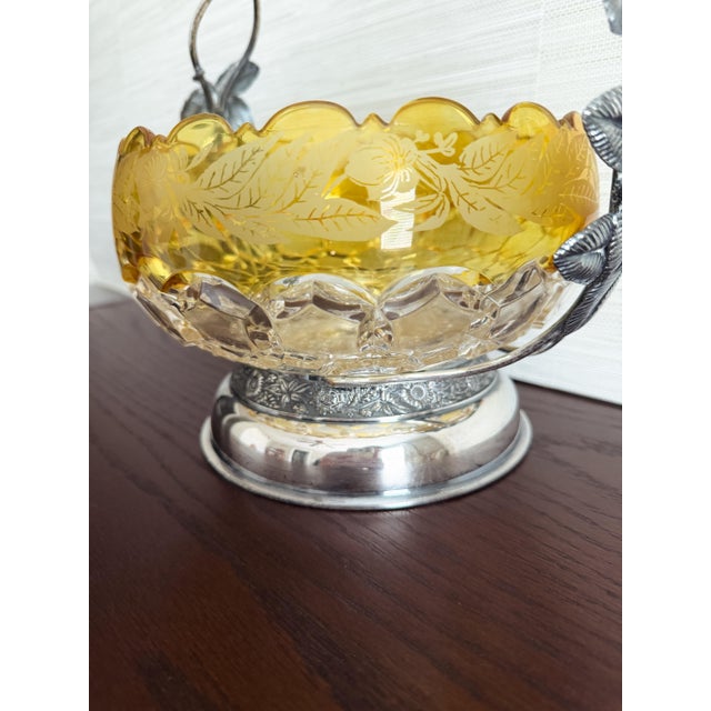Victorian Antique Victorian Hobbs Amber Glass Bride's Basket in Silverplate Stand For Sale - Image 3 of 5