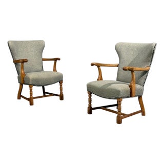 Danish Cabinetmaker, Armchairs, Oak, Gray Wool, Denmark, 1950s For Sale