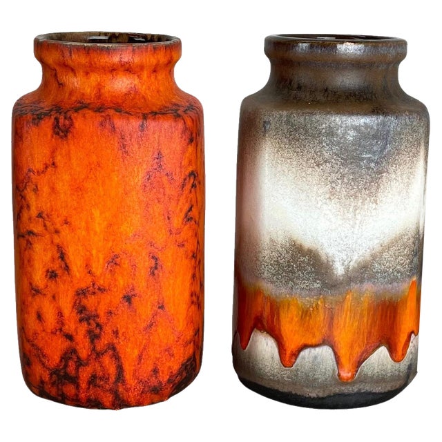 Fat Lava Orange Pottery Vases attributed to Scheurich, Germany, 1970s, Set of 2 For Sale