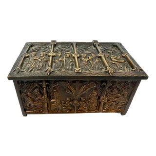 Antique Gothic Revival Bronze Jewelry Box with Religious Scenes, 1890s For Sale