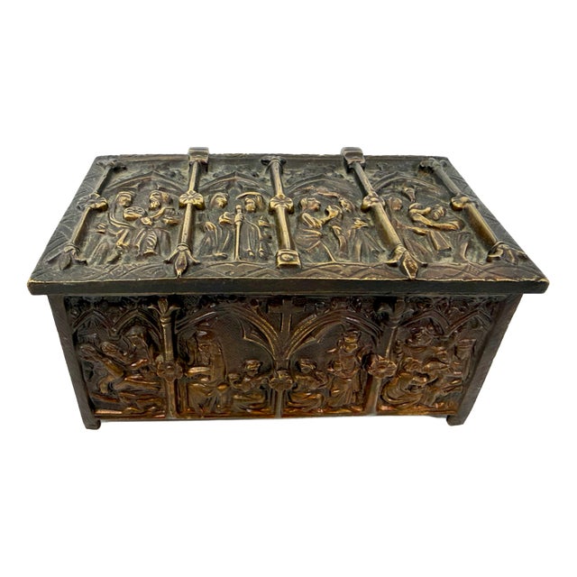 Antique Gothic Revival Bronze Jewelry Box with Religious Scenes, 1890s For Sale