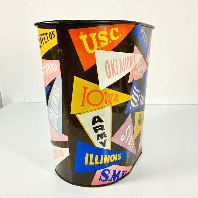 Metal Mid-Century Boho Chic Americana College Pennant Metal Wastebasket. For Sale - Image 7 of 11