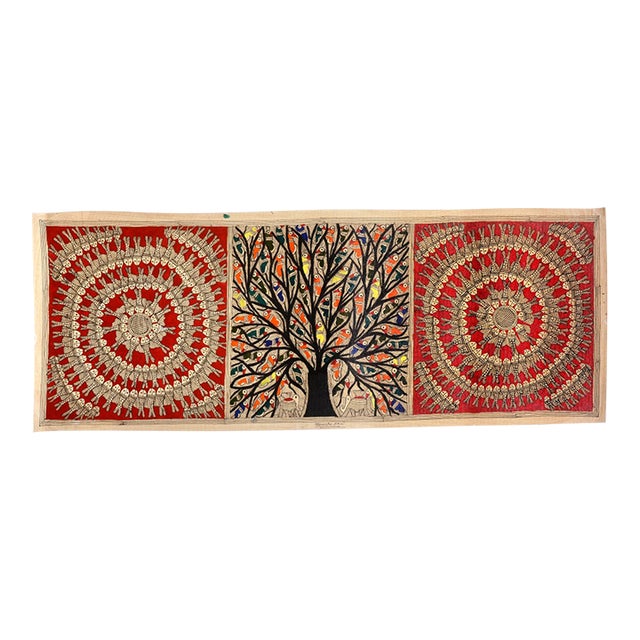 National Award-Winning Artist Mamta Devi – Hand-Painted Madhubani Tree of Life & Birds Folk Art Painting For Sale