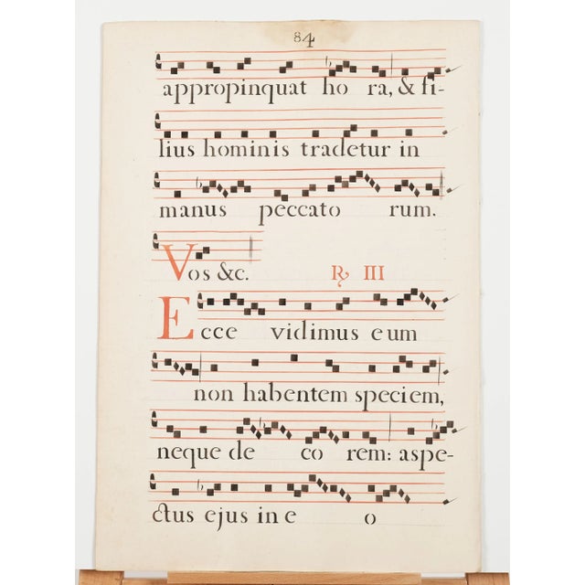 17th Century Latin Antiphonal Music Vellum(?) Manuscript 18" × 12" Four Pages 24" Wide X 18" High When Opened Center Pages 81, 82, 83 & 84 For Sale - Image 4 of 4