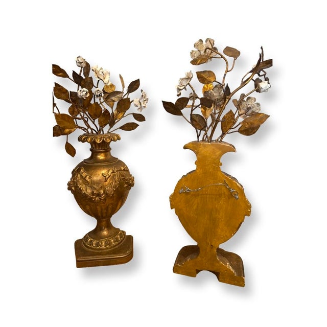 Mid 19th Century Antique Italian Gilded Wood Middle Urns With Metal Flowers- A Pair For Sale - Image 5 of 7