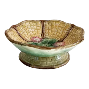 Antique 19th C Majolica Golden Rod Yellow W/Floral Center Bowl Compote