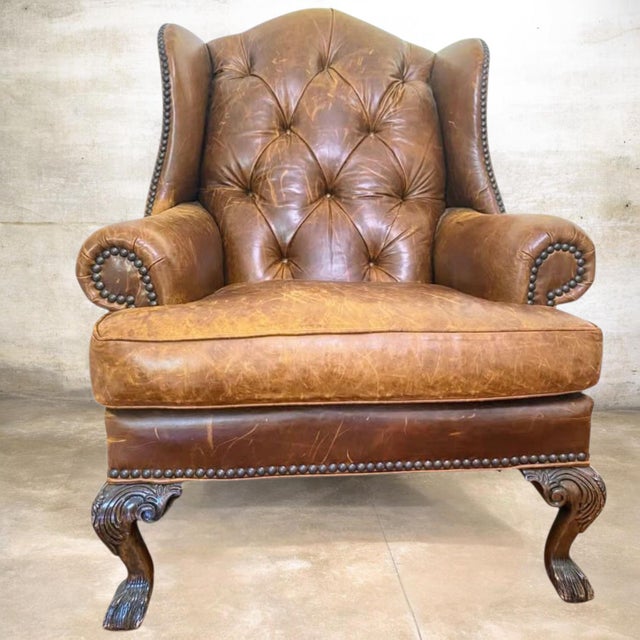 Rare Vintage Zagaroli Chesterfield Wingback Leather Chair With Hairy Claws For Sale - Image 10 of 10