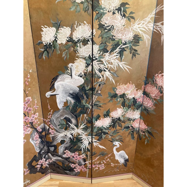 Mid-Century Japanese Style Hand Painted Four-Panel Screen by Lucien Leinfelder For Sale - Image 4 of 13