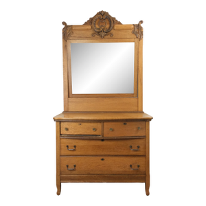 Antique Five Drawer Oak Dresser With Large Mounted Mirror