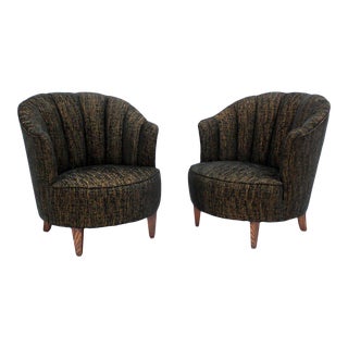 Barrel Scallop Ribbed Back Upholstery Wingback Chairs - A Pair For Sale