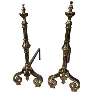 Polished Brass Chenets or Andirons With Decorative Scrolls, 19th Century - a Pair For Sale