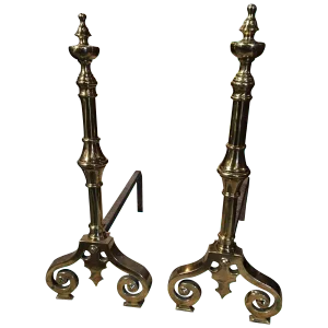 Polished Brass Chenets or Andirons With Decorative Scrolls, 19th Century - a Pair