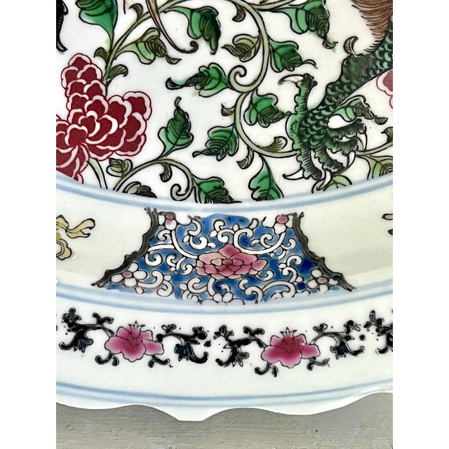 The Green Yang Dragon & Yin Phoenix Charger, Large Chinese Porcelain Plate / Bowl 18" With Wood Display Stand For Sale - Image 9 of 11