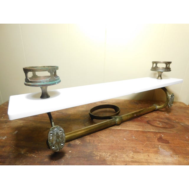 Antique Opal Glass Bathroom Shelf With Brass Cups and Soap Dish For Sale - Image 9 of 18