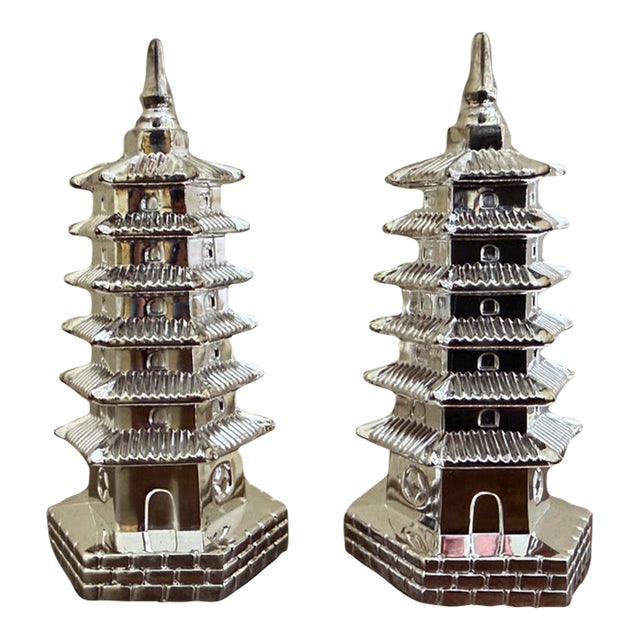 Silver Godinger Chinoiserie Pagoda Salt and Pepper Shakers For Sale