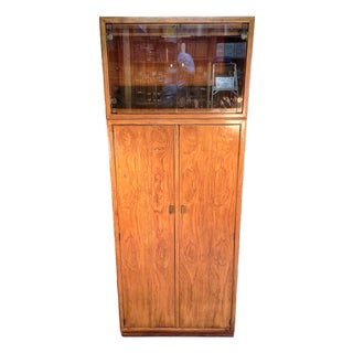 1970s Drexel Heritage Consensus Pecan Illuminated Bar Cabinet For Sale
