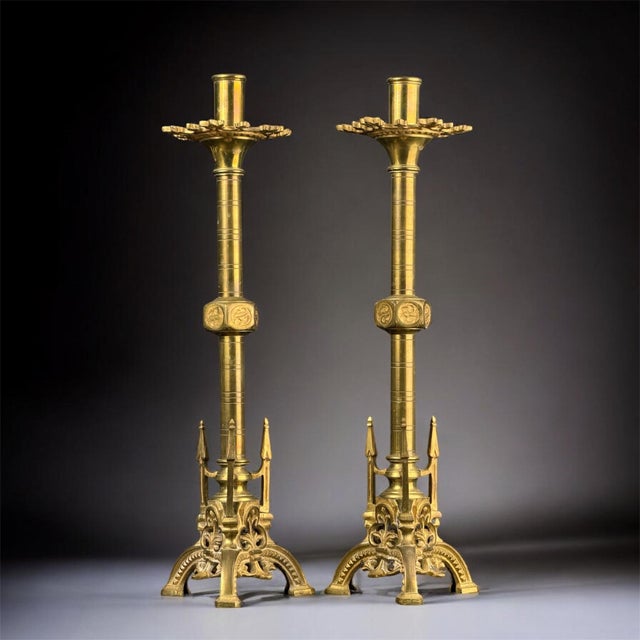 Metal Antique Gothic Revival Church Candlesticks in Bronze, 1860s, Set of 2 For Sale - Image 7 of 7