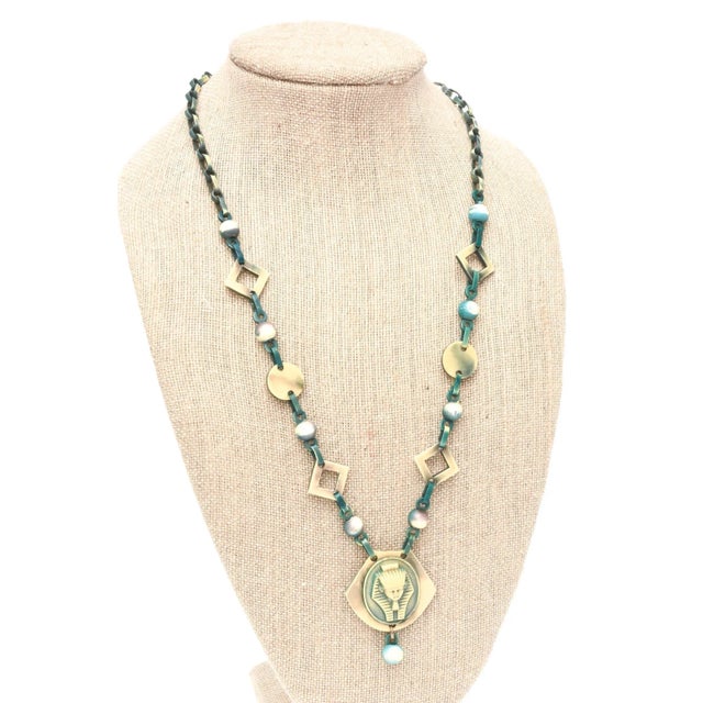 Teal Vintage Egyptian Revival Celluloid Necklace, 1930's For Sale - Image 8 of 8