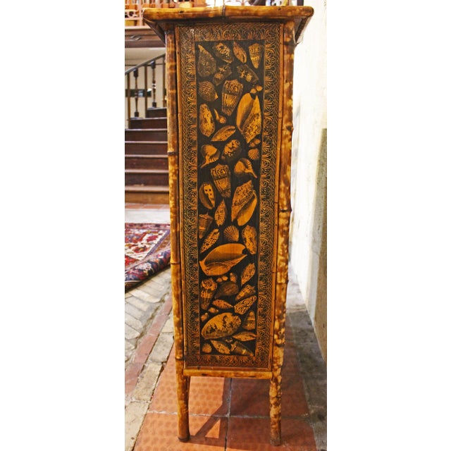 English Circa 1880 English Bamboo Bookcase Now Artisan Decoupaged With Shells For Sale - Image 3 of 6
