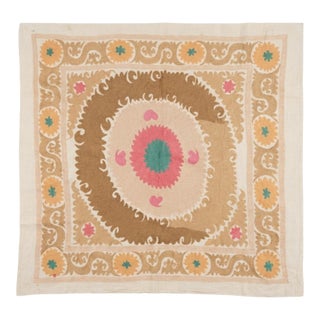 Suzani Tribal Textile - Neutral Tan Uzbek Tablecloth, 3'11'' X 4'6'' For Sale