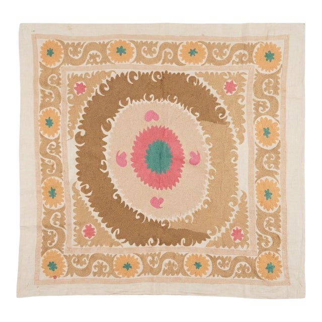 Suzani Tribal Textile - Neutral Tan Uzbek Tablecloth, 3'11'' X 4'6'' For Sale