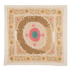 Suzani Tribal Textile - Neutral Tan Uzbek Tablecloth, 3'11'' X 4'6''
