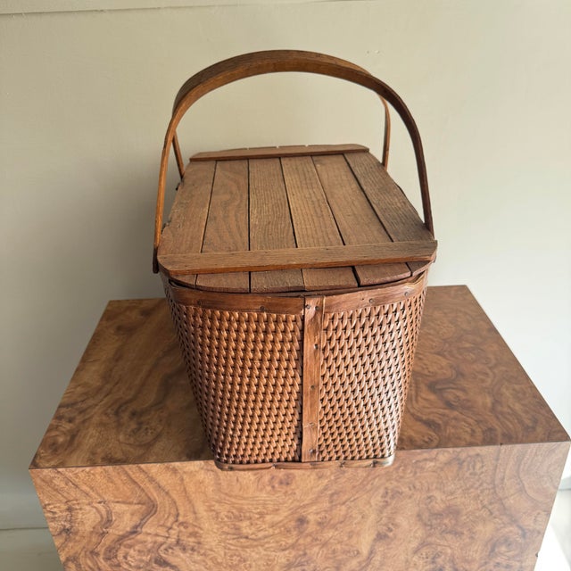 Mid 20th Century Mid 20th Century Slatted Top Wooden and Wicker Picnic Basket For Sale - Image 5 of 8