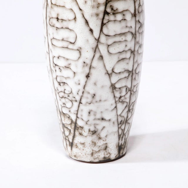 1960s Mid-Century Modernist White and Earth Toned Ceramic Vase With Leaf Motif For Sale - Image 5 of 11