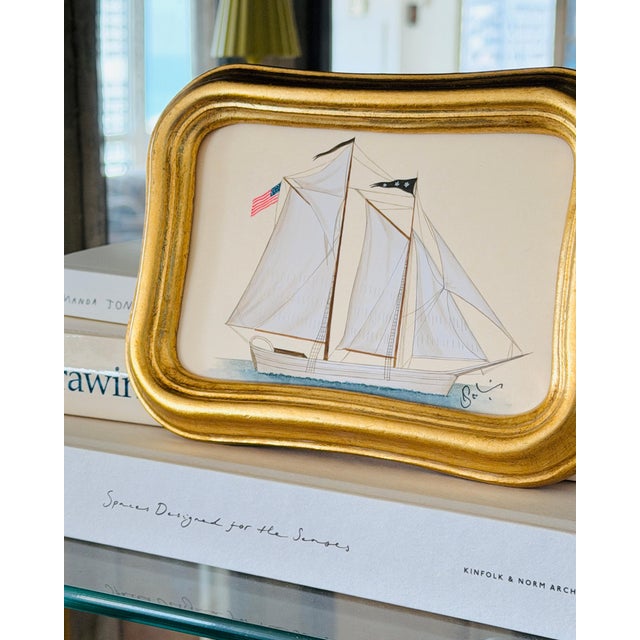 Original Hand-Painted Sailboat Painting in a Vintage Italian Frame For Sale - Image 4 of 4