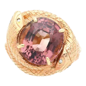 Vintage 10.23 Carat Oval Pink Tourmaline Serpentine 14k Gold Ring Size 7