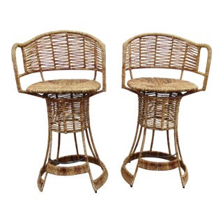 Vintage Woven Rattan Bar Stools / Counter Stools - a Pair For Sale