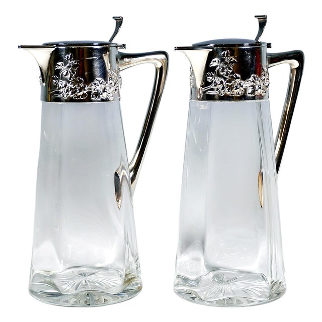 Art Nouveau Glass Decanters with Silver Mounts from Wilhelm Binder, Germany, 1890s, Set of 2 For Sale