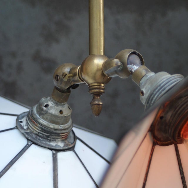 Metal Art Deco Brass and White Stained Opaline Glass Pendant Lamp For Sale - Image 7 of 10