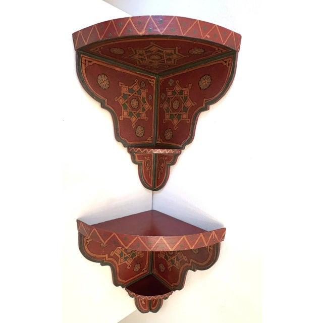 Tribal Vintage Painted Wood Moroccan Corner Wall Shelves- a Pair For Sale - Image 3 of 12