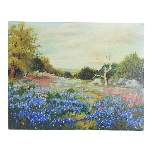 Vintage 1975 Texas Bluebonnet Landscape Painting For Sale