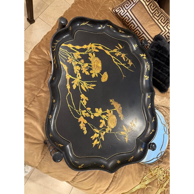 Black and Gold Hand Painted Regency Tray Cocktail Table on Faux Bamboo Table base.