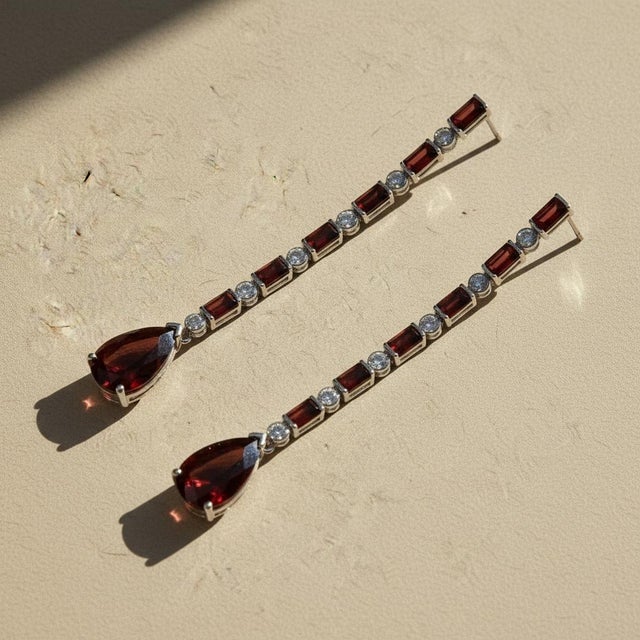 Modern Garnet Long Drop Earrings, Silver, Gold, Pair For Sale - Image 3 of 8