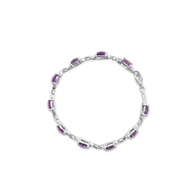 Contemporary .925 Sterling Silver 7mm Cushion Cut Amethyst Gemstone and Diamond Tennis Link Bracelet - Size 7" For Sale - Image 3 of 7