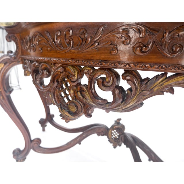 Wood Regency Revival Heavily Fine Carved Stretcher Base Marble Top Console Table MINT For Sale - Image 7 of 18
