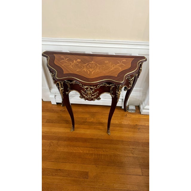 Wood Mid 20th Century Louis XV Style Ormolu-Mounted Demilune Console Table For Sale - Image 7 of 16