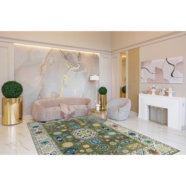 Inviting Kazak Light Green Hand Knotted Wool Rug, Country of Origin: India. This exceptional hand-knotted piece draws...